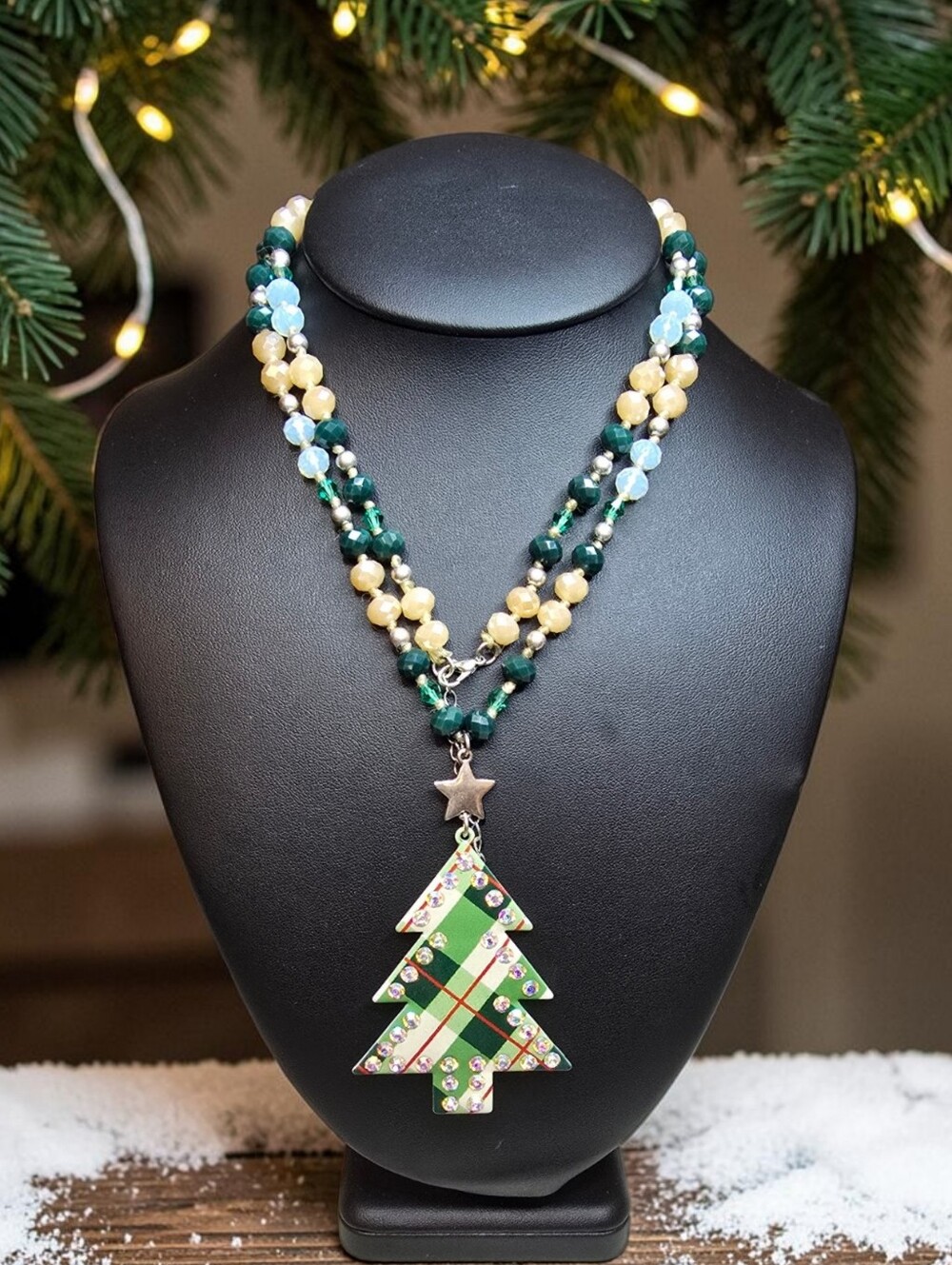 Handcrafted Green Plaid Christmas Tree Pendant Necklace